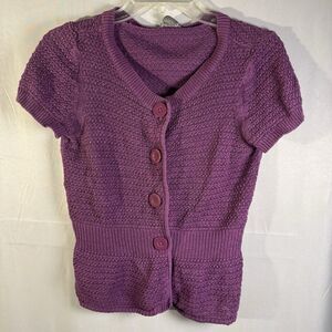 Ann Taylor Women’s M Purple Linen Cotton Short Sleeve Button Front Knit Cardigan